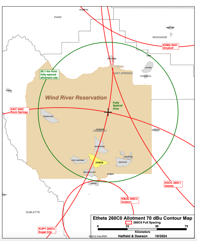 The 70 dBu contour of the proposed 99.9 FM signal, from the Northern Arapaho Tribe's engineering exhibit